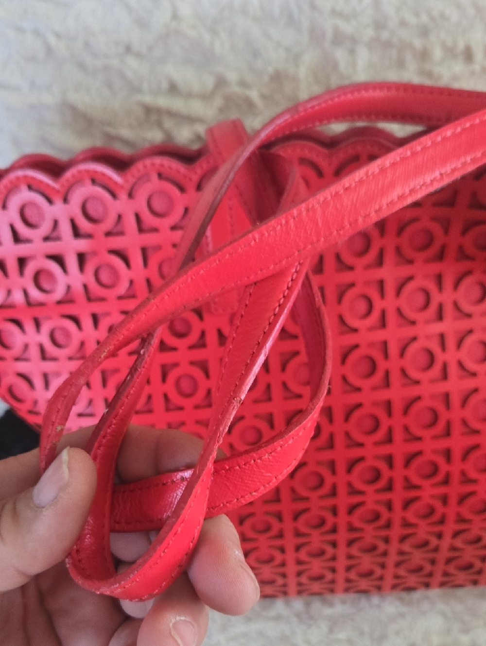 Tory Burch Coral Red LaserCut Tote Bag. EUC - Picture 6 of 11